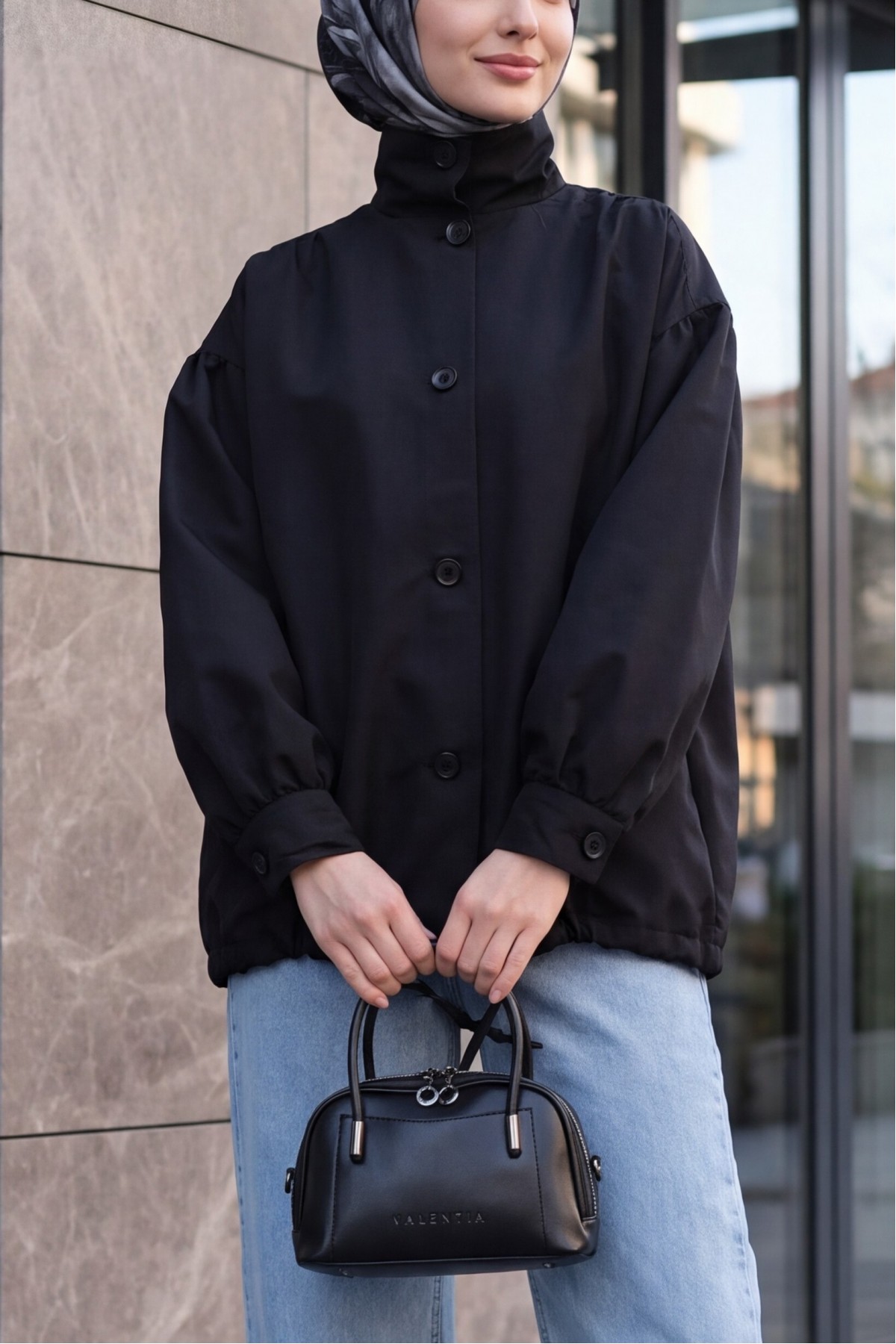 Balloon-Sleeve Lined Trench Coat with Double Pockets and Buttons -Black