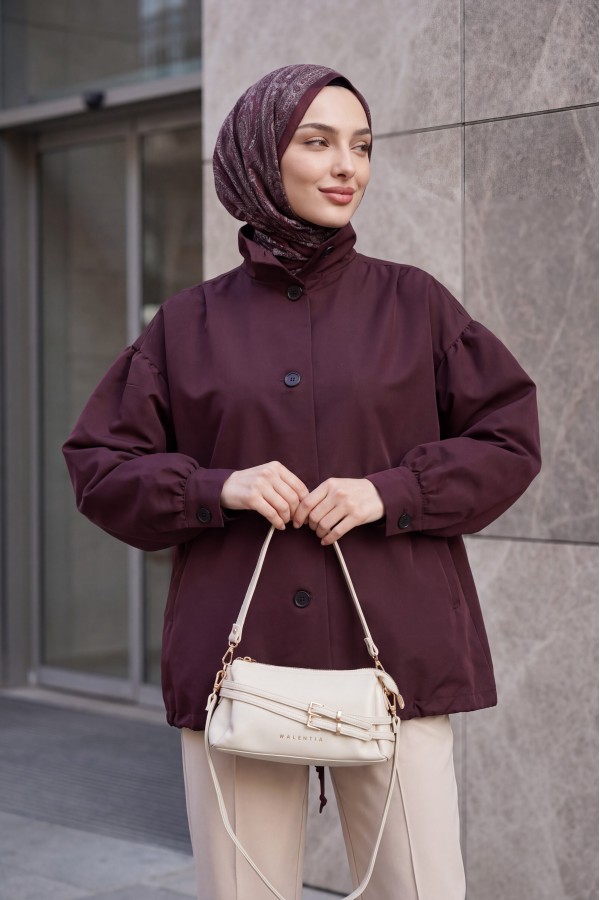 Balloon-Sleeve Lined Trench Coat with Double Pockets and Buttons -Damson