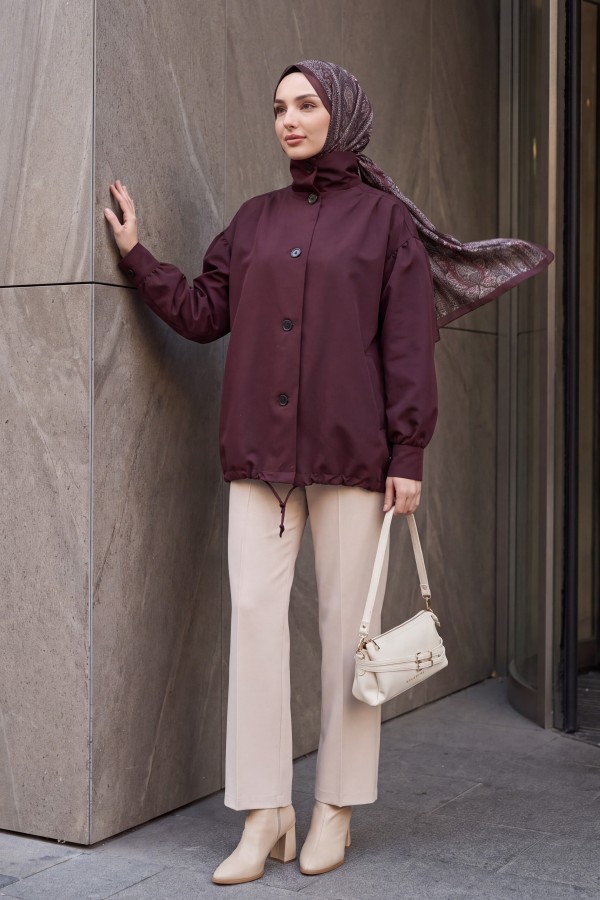 Balloon-Sleeve Lined Trench Coat with Double Pockets and Buttons -Damson