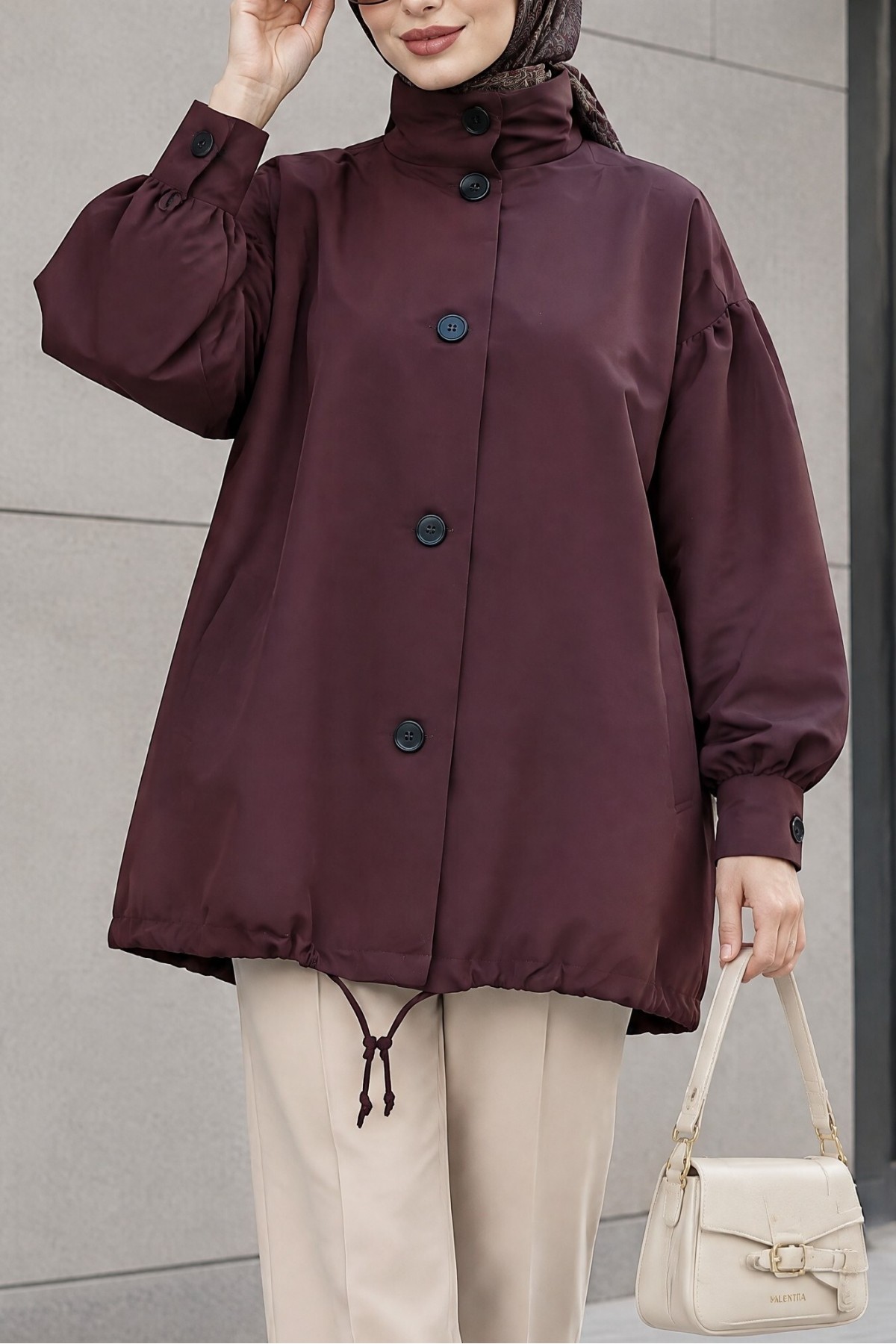 Balloon-Sleeve Lined Trench Coat with Double Pockets and Buttons -Damson