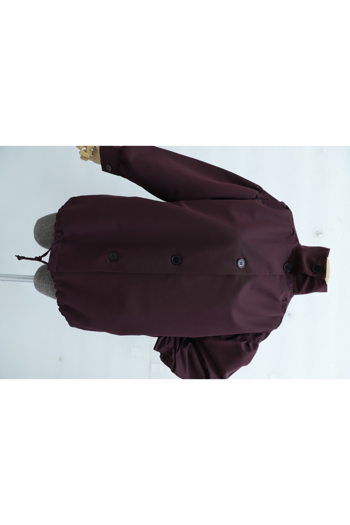 Balloon-Sleeve Lined Trench Coat with Double Pockets and Buttons -Damson