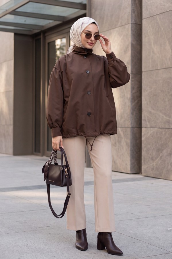 Balloon-Sleeve Lined Trench Coat with Double Pockets and Buttons -Brown