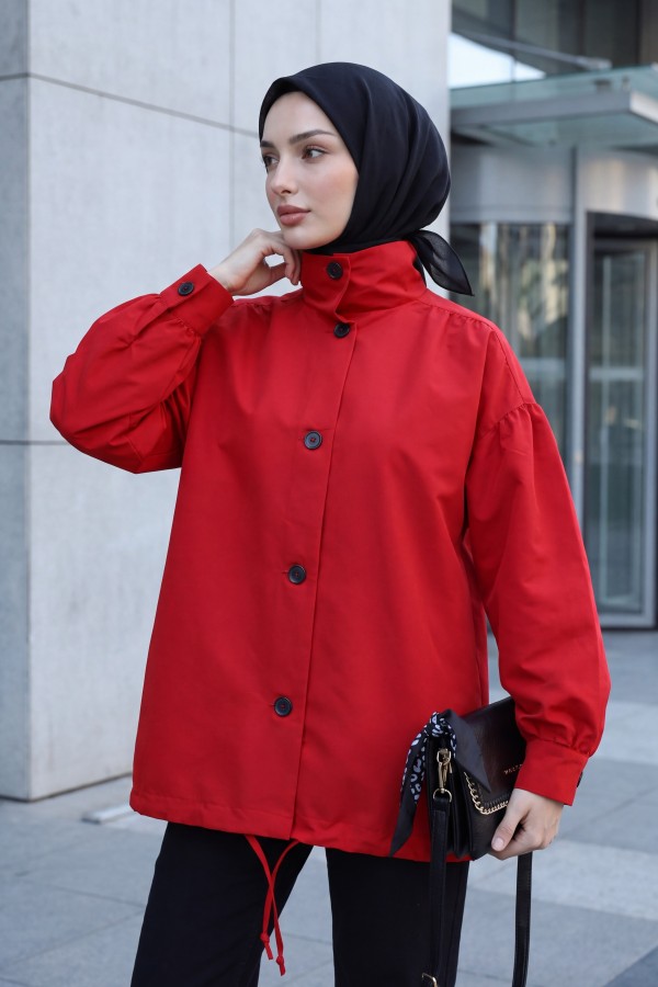 Balloon-Sleeve Lined Trench Coat with Double Pockets and Buttons -Red
