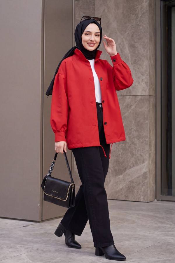 Balloon-Sleeve Lined Trench Coat with Double Pockets and Buttons