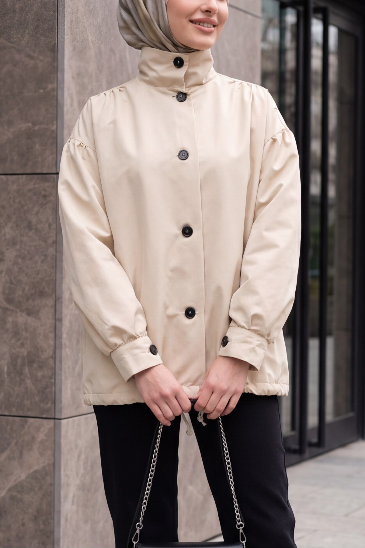 Balloon-Sleeve Lined Trench Coat with Double Pockets and Buttons - Beige