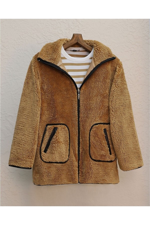 Çift Cepli Fermuarlı Astarlı Peluş Mont  -Tarçın