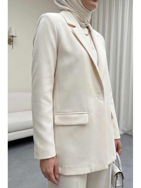 Single Button Lycra Jacket with Pockets  -Cream color