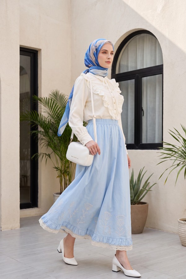 Lace Embroidered Elastic Waist Skirt   -Blue