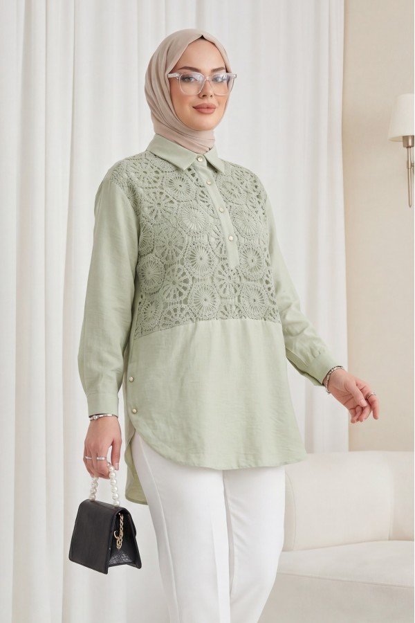Lace Embroidered Skirt Button Detailed Shirt   -Cagla Green