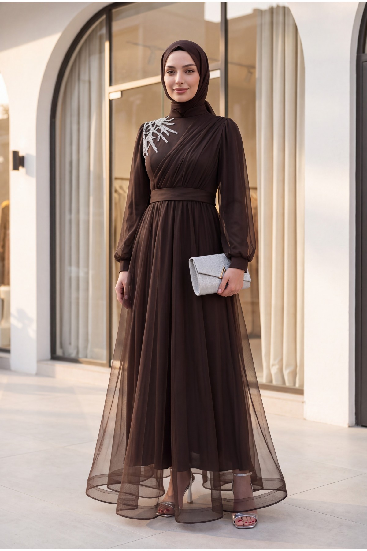 Stone Detailed Draped Belt Tulle Evening Dress     -Dark Coffee