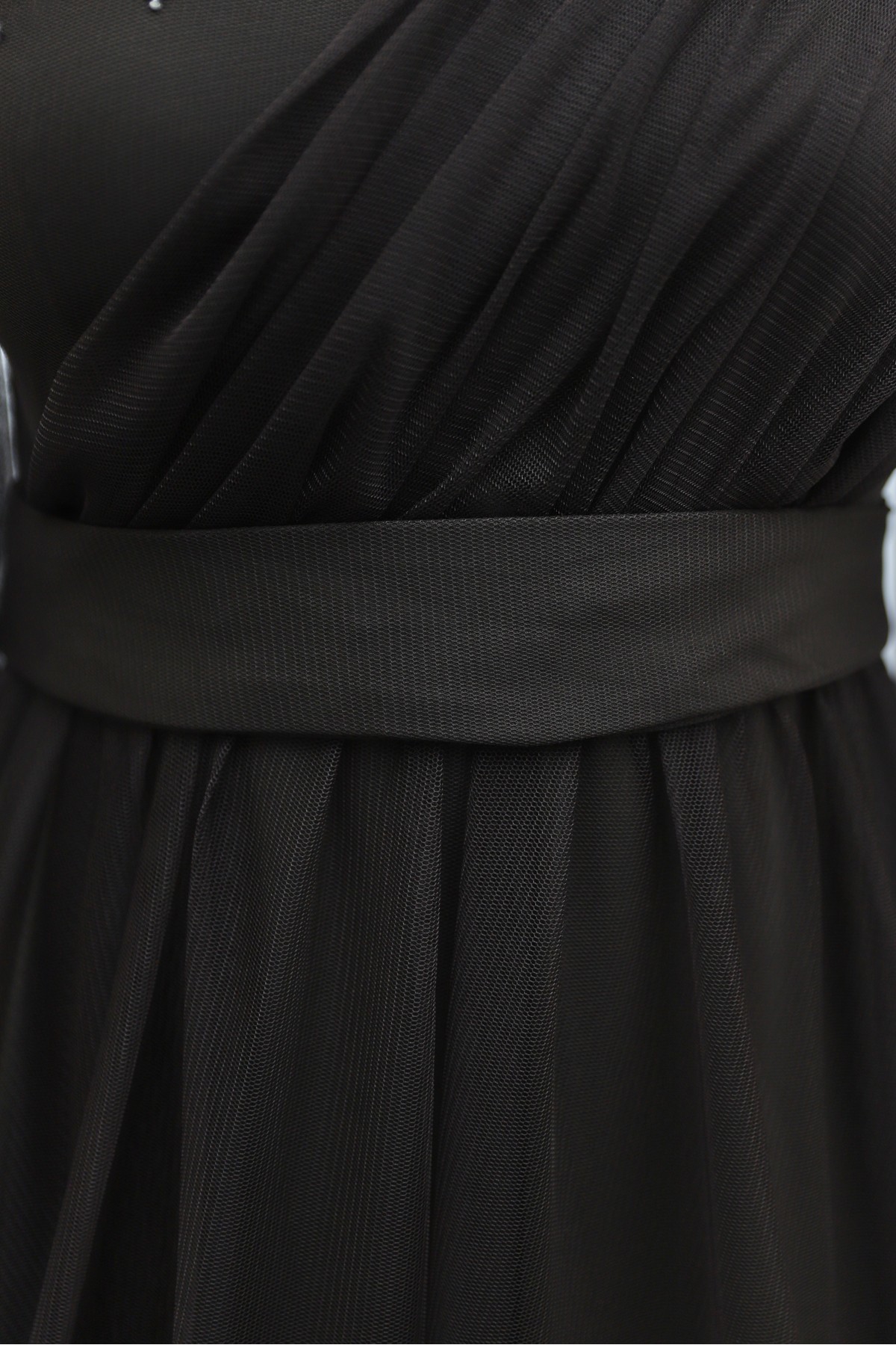 Stone Detailed Draped Belt Tulle Evening Dress     -Dark Coffee