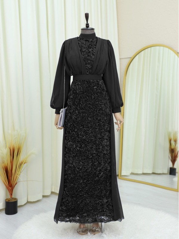 Kabartma Güllü Arkası Şifon Detaylı Kemerli Abiye -Siyah