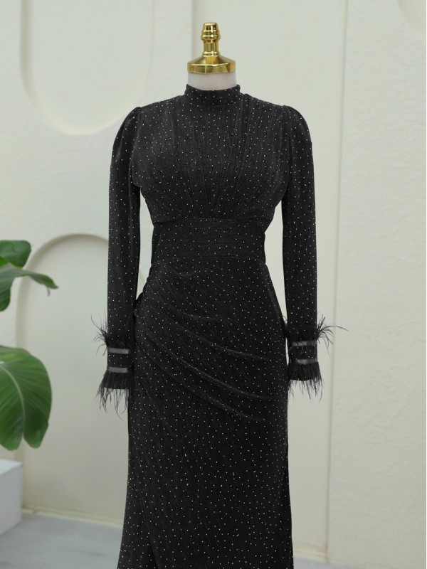 Kolu Tüylü Önü Çift Kuyruklu Abiye -Siyah