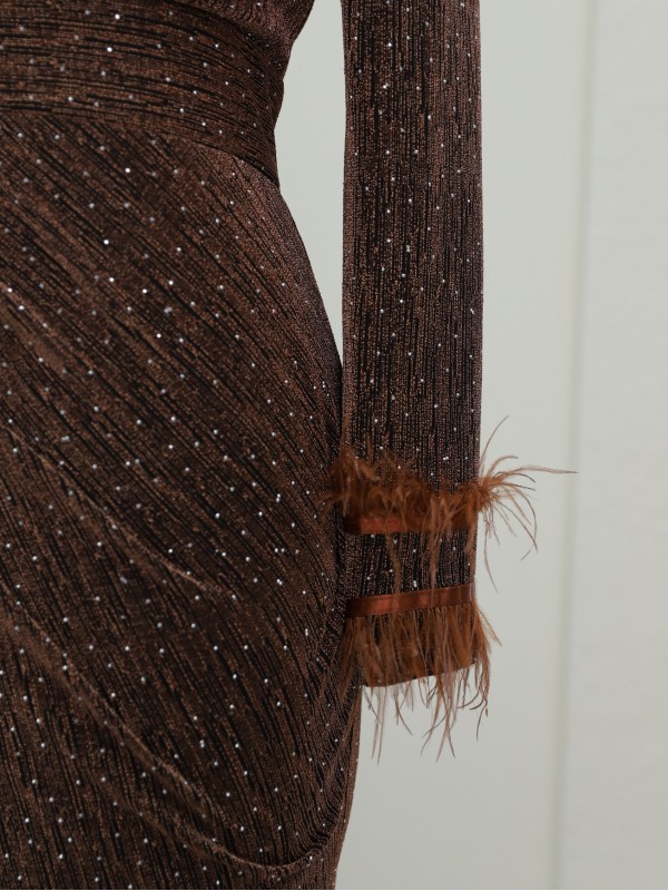 Kolu Tüylü Önü Çift Kuyruklu Abiye -Kahve