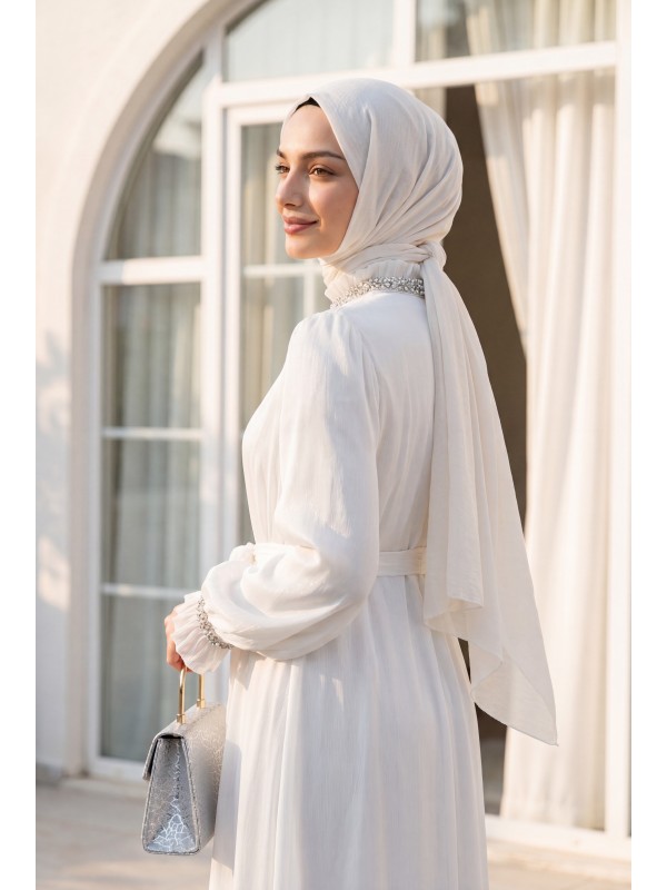 Sparkly Chiffon Evening Dress with Embellished Neckline and Sleeves and Belt -White