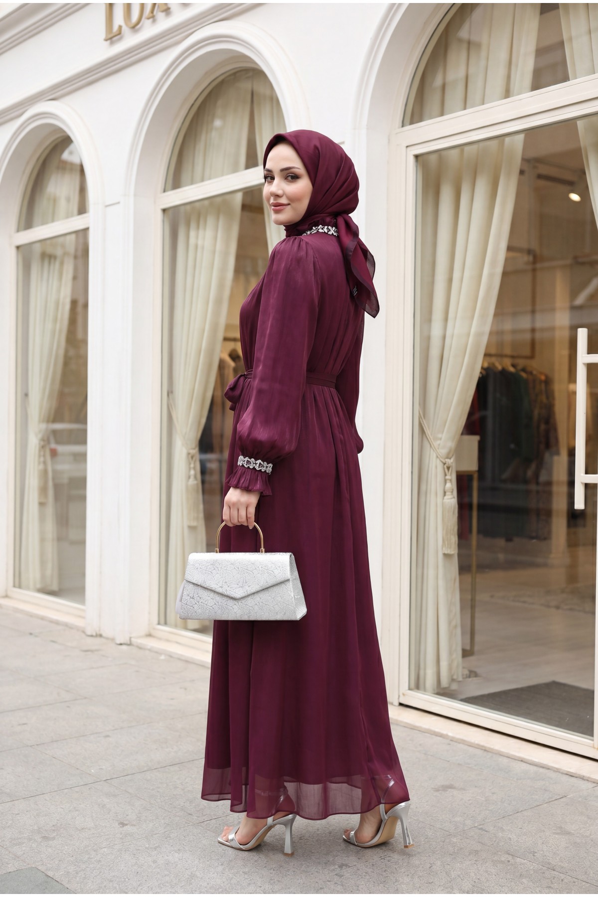 Sparkly Chiffon Evening Dress with Embellished Neckline and Sleeves and Belt -Damson