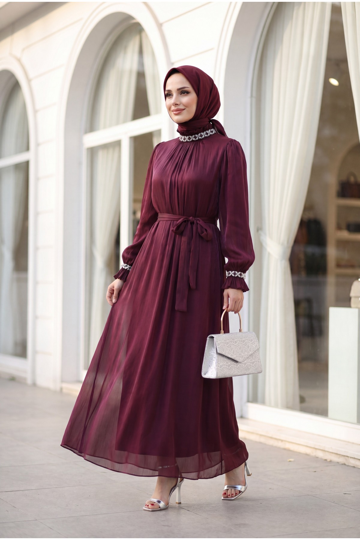 Sparkly Chiffon Evening Dress with Embellished Neckline and Sleeves and Belt -Damson