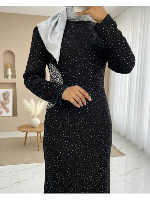 Önü Drapeli Taşlı Uzun Abiye -Siyah