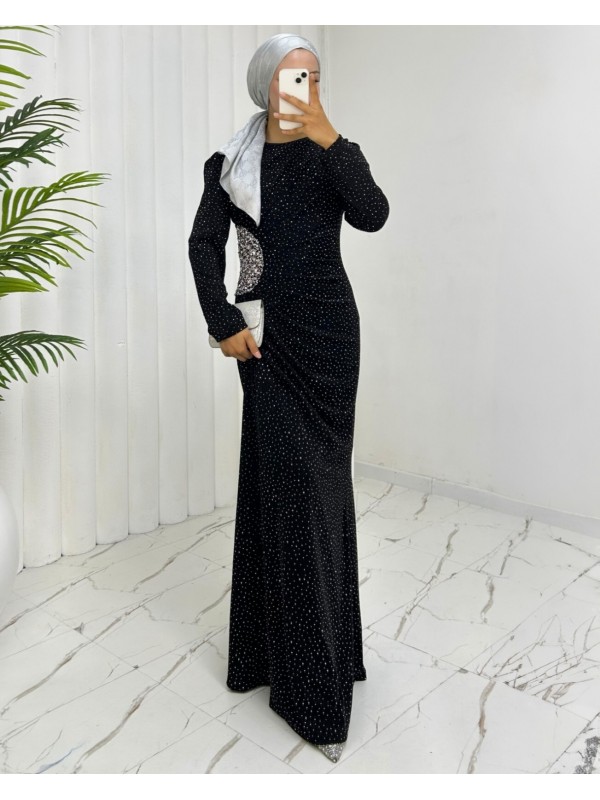 Önü Drapeli Taşlı Uzun Abiye -Siyah