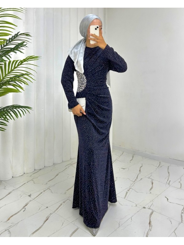 Önü Drapeli Taşlı Uzun Abiye -Laci