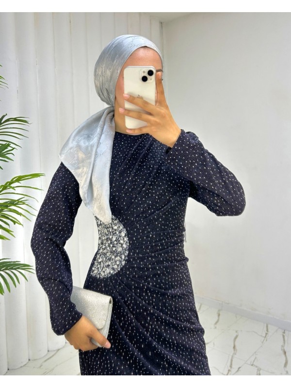 Önü Drapeli Taşlı Uzun Abiye -Laci