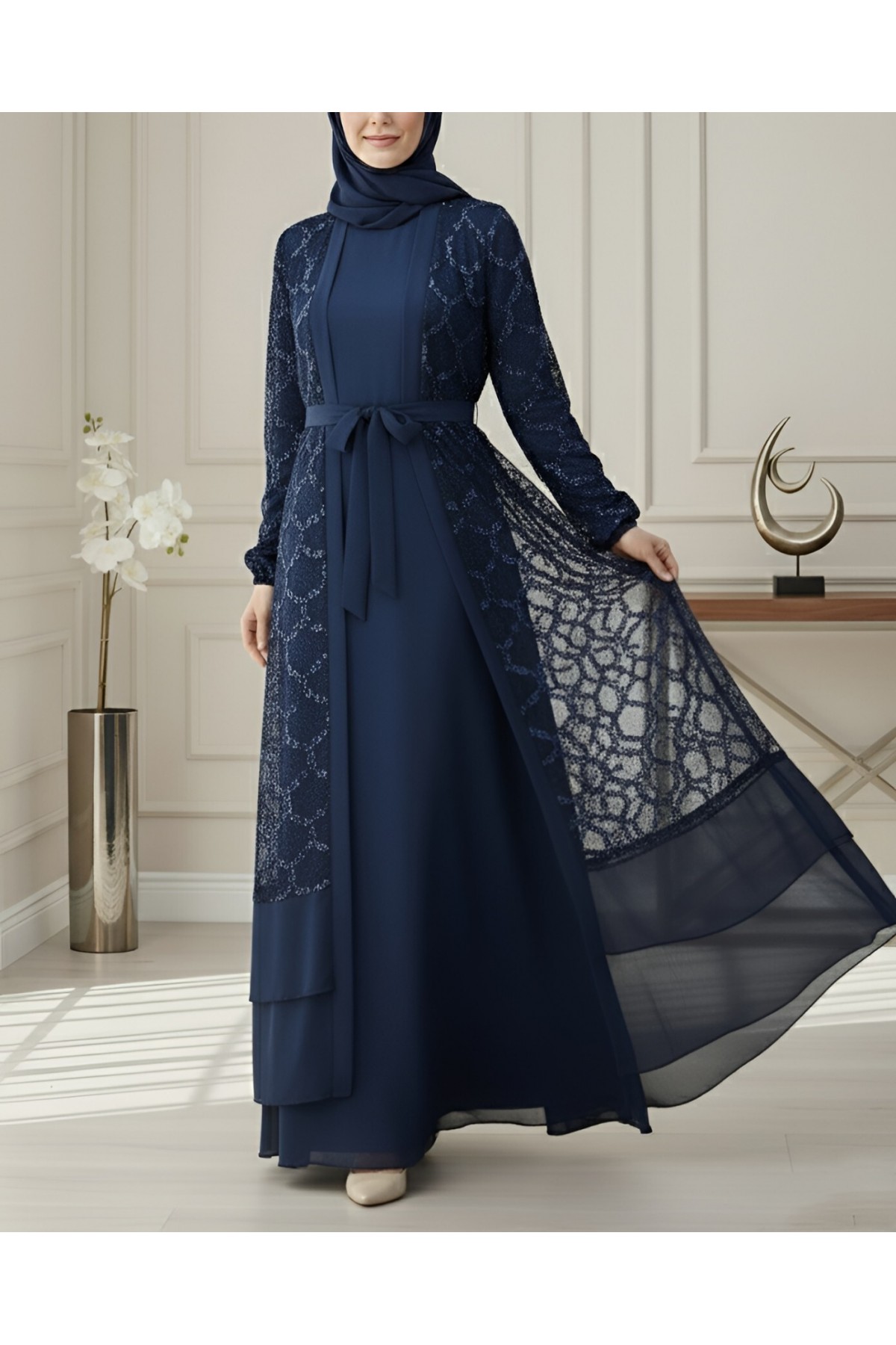 Sequined Double-Layered Belted Skirt Abaya -Navy blue