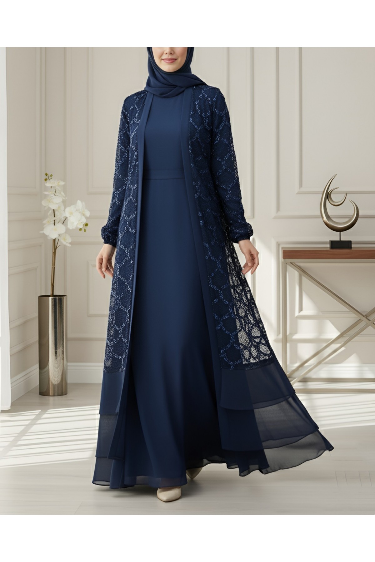 Sequined Double-Layered Belted Skirt Abaya -Navy blue