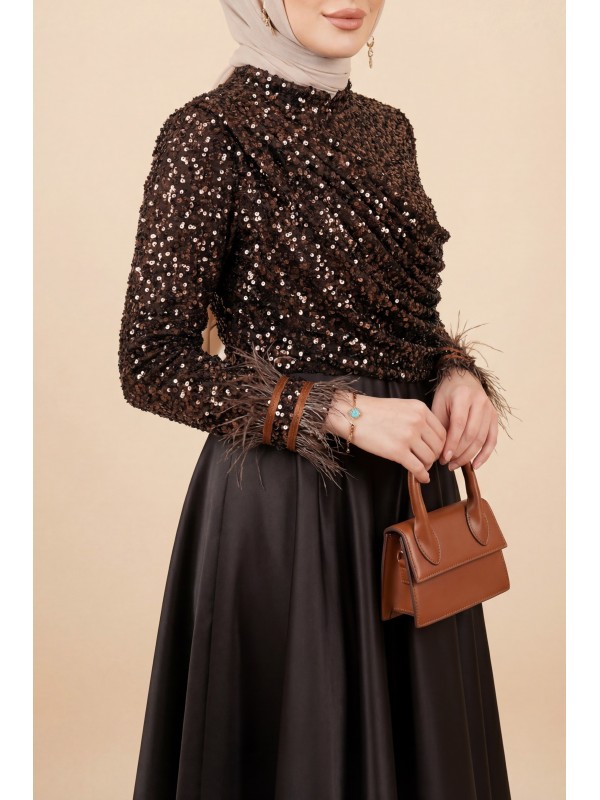 Sequined Top, Feathered Sleeves, Satin Skirt Evening Dress -Dark Coffee