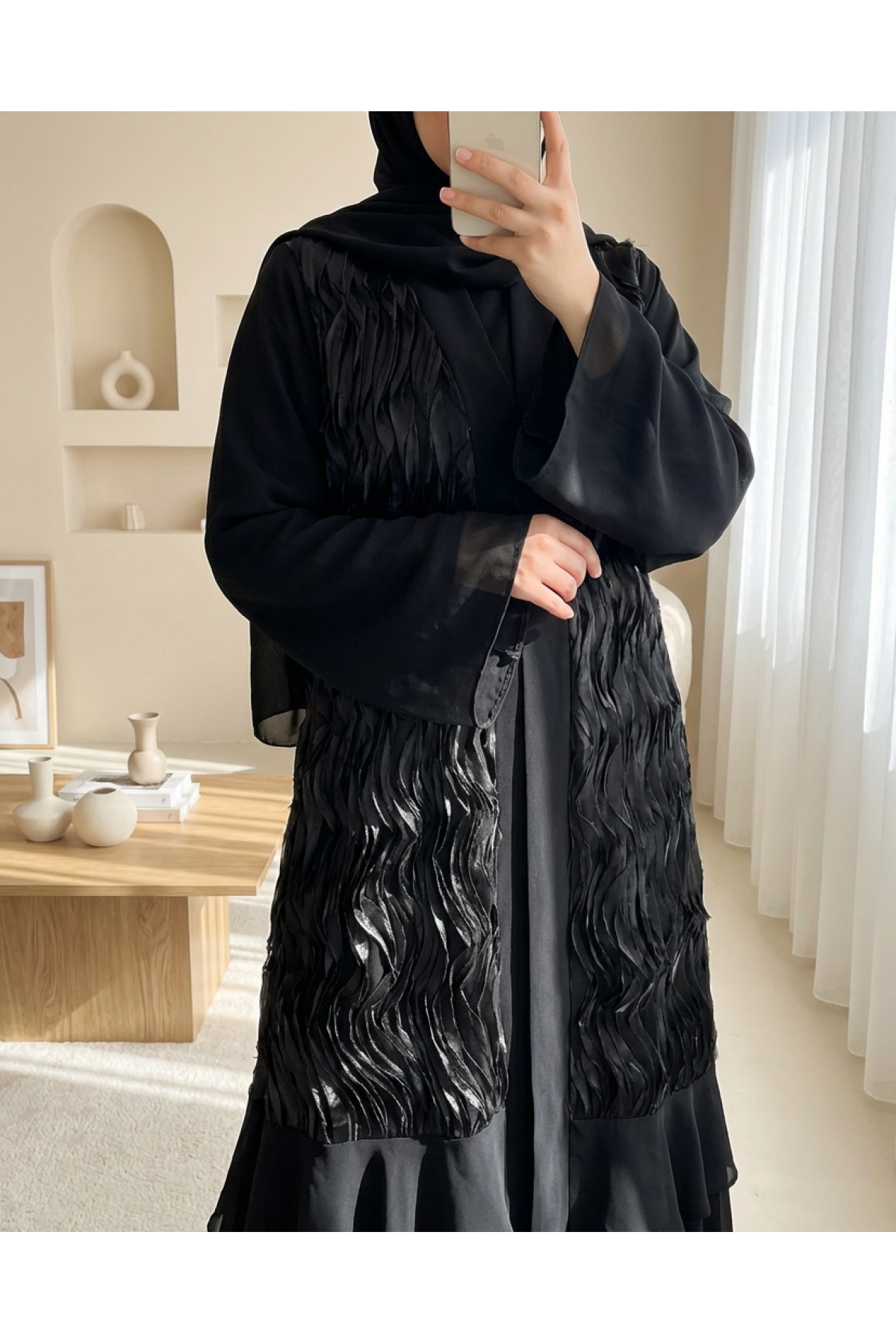 Önü Tül Detaylı Kemerli Eteği Katlı İkili Abaya Takım -Siyah