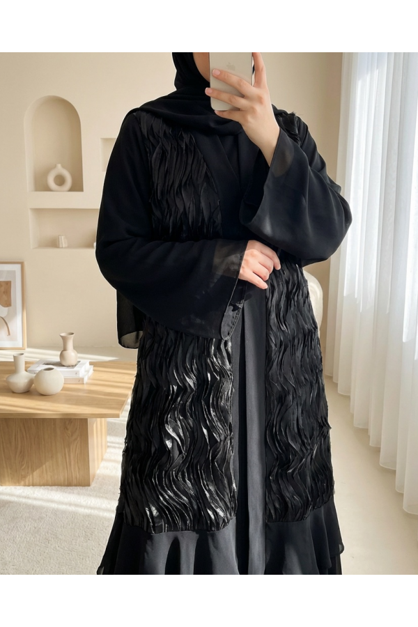 Önü Tül Detaylı Kemerli Eteği Katlı İkili Abaya Takım -Siyah