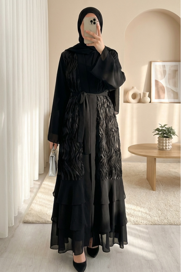 Önü Tül Detaylı Kemerli Eteği Katlı İkili Abaya Takım -Siyah
