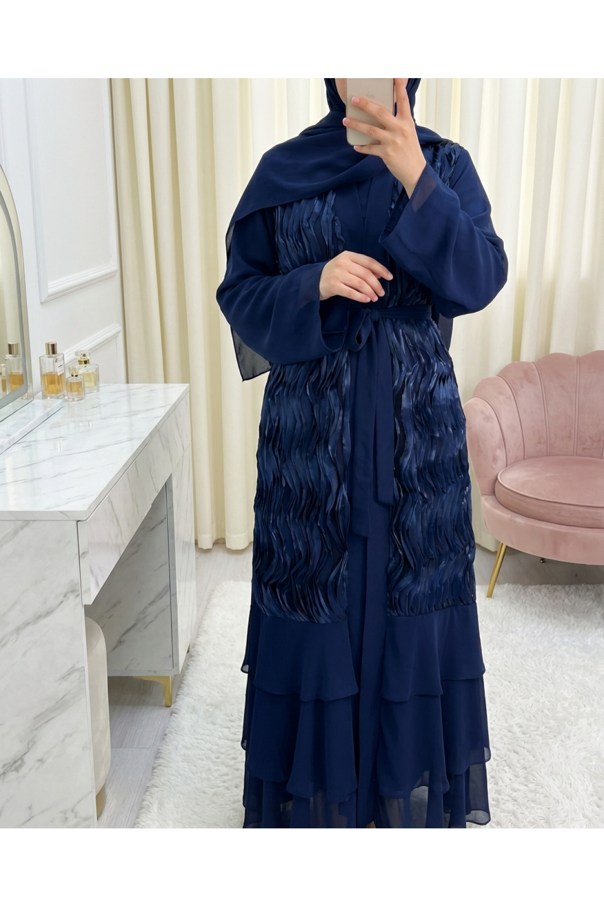 Önü Tül Detaylı Kemerli Eteği Katlı İkili Abaya Takım -Laci