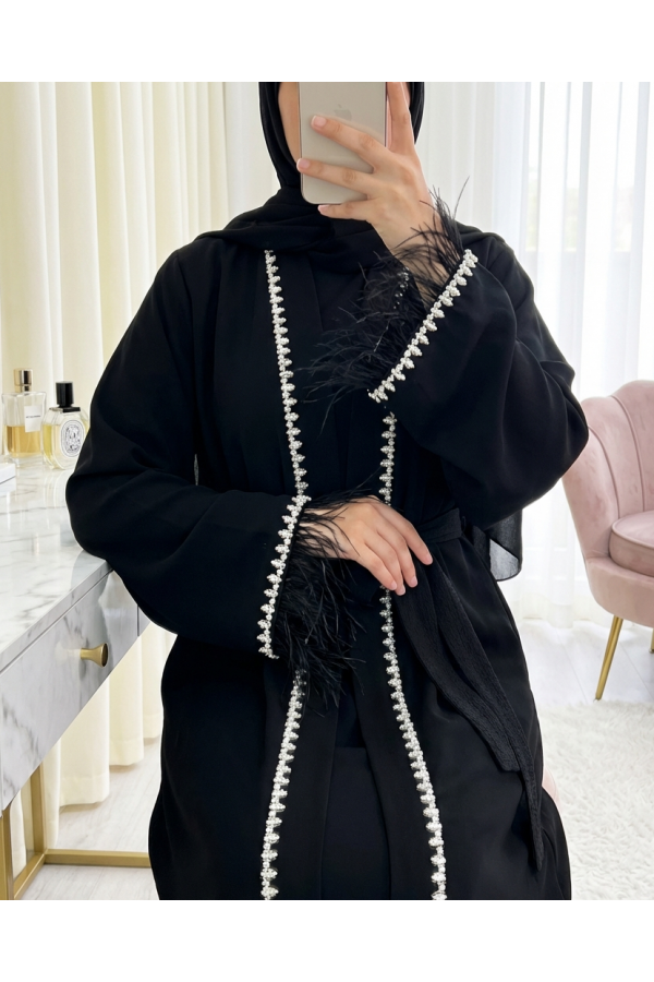 Kolu Tüylü Sıralı Taş Detaylı Kemerli Abaya -Siyah