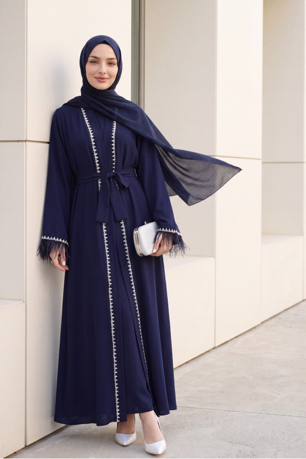 Kolu Tüylü Sıralı Taş Detaylı Kemerli Abaya  -Laci