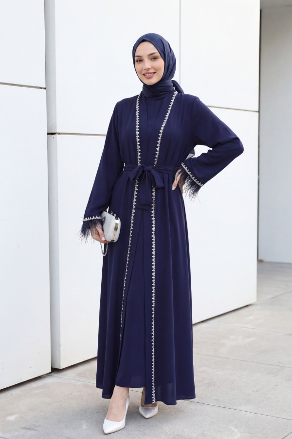 Kolu Tüylü Sıralı Taş Detaylı Kemerli Abaya  -Laci