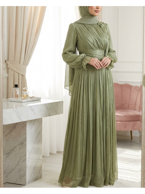 Kolu Lastikli Güllü Pelerinli Beli Drapeli Janjan Abiye -Haki