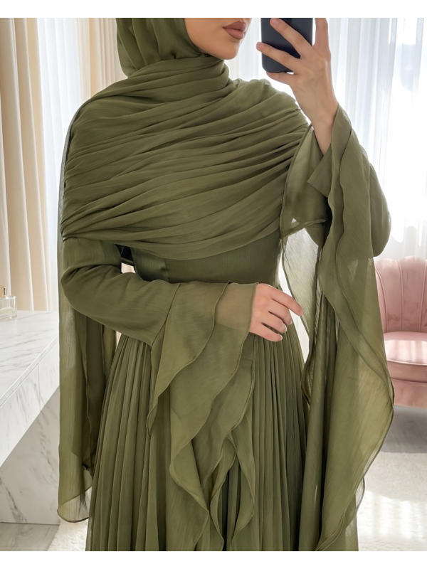 Straplez Volanlı Drapeli İpeksi Organze Abiye  -Haki