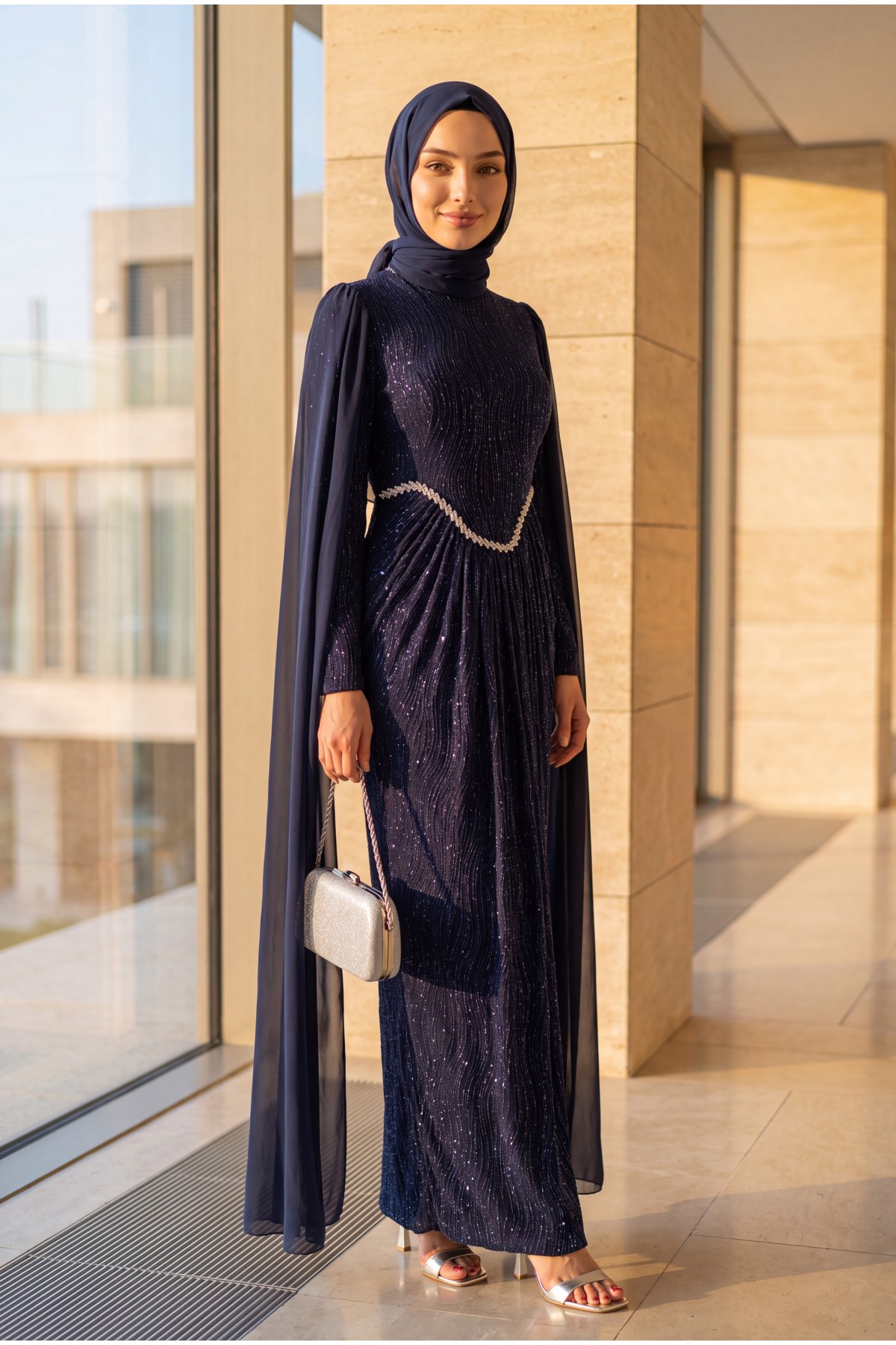 High Neck, Stone Detail Chiffon Cape, Lined, Glittery Jersey Evening Dress -Navy blue