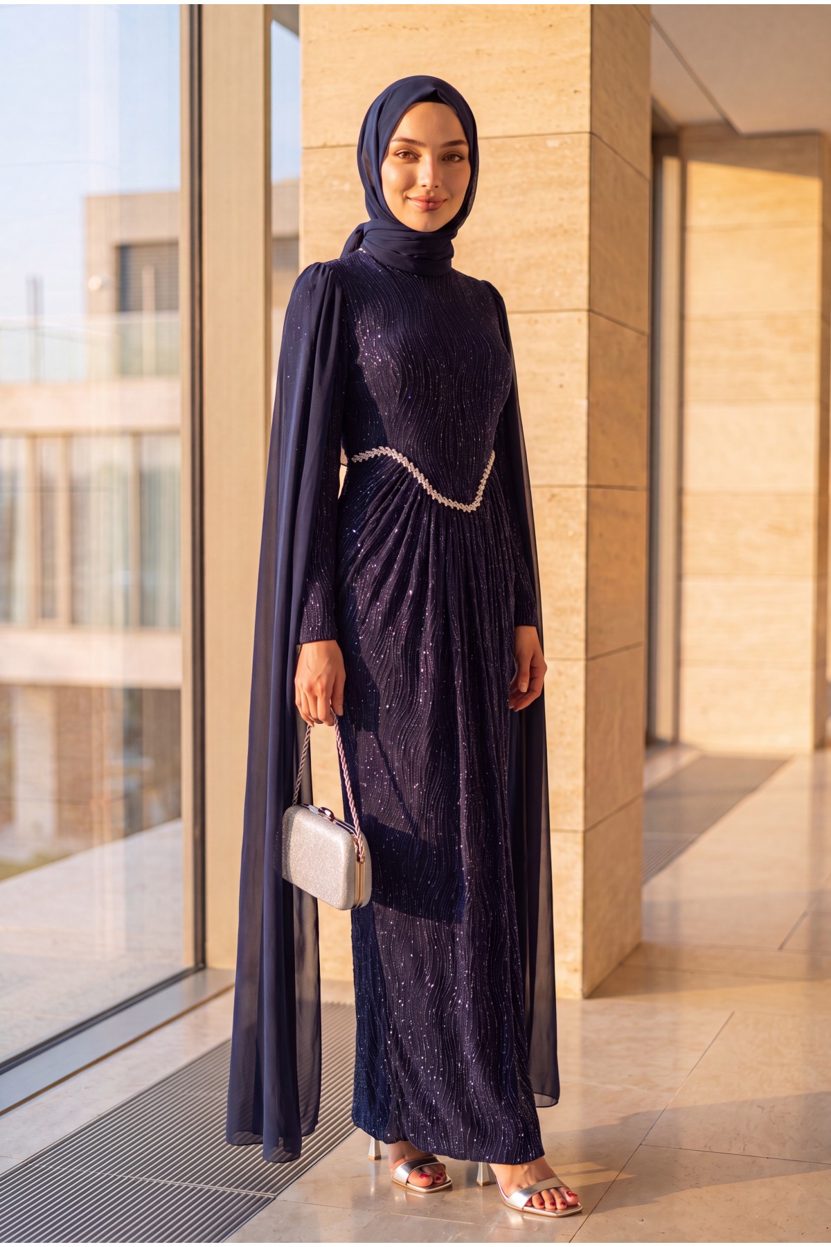 High Neck, Stone Detail Chiffon Cape, Lined, Glittery Jersey Evening Dress -Navy blue