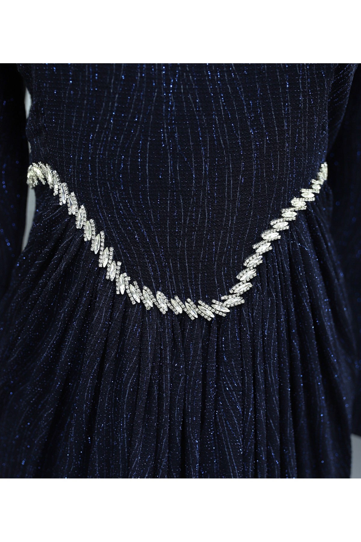 High Neck, Stone Detail Chiffon Cape, Lined, Glittery Jersey Evening Dress -Navy blue