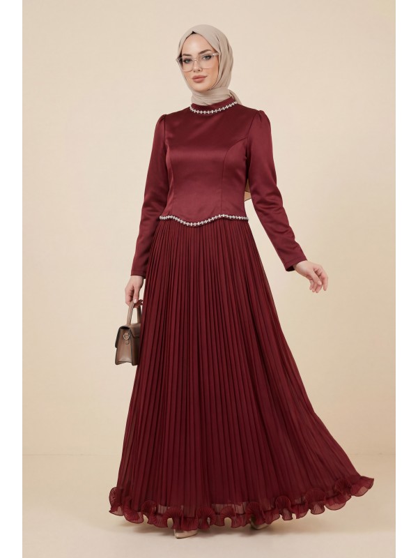 Üstü Saten Altı Janjan Şifon Taş Detaylı Volanlı Abiye  -Bordo