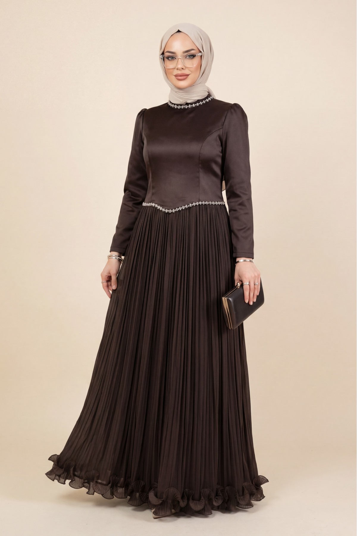 Satin Top, Shimmering Chiffon Bottom with Stone Details and Ruffles -Dark Coffee