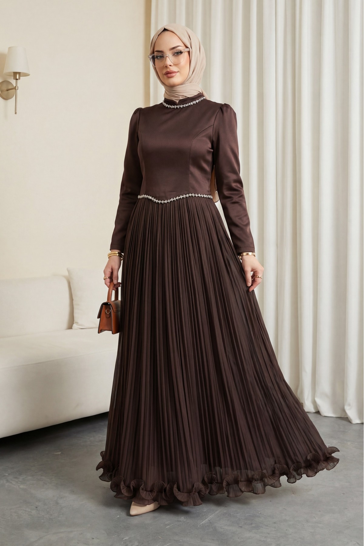 Satin Top, Shimmering Chiffon Bottom with Stone Details and Ruffles -Dark Coffee