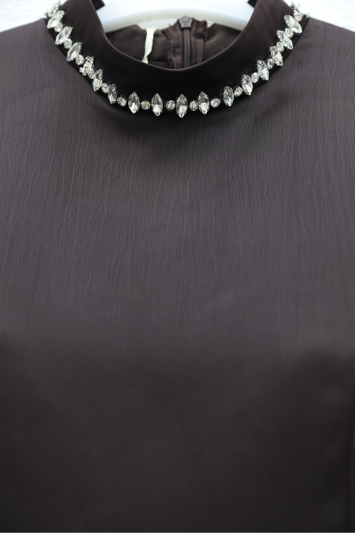 Satin Top, Shimmering Chiffon Bottom with Stone Details and Ruffles -Dark Coffee