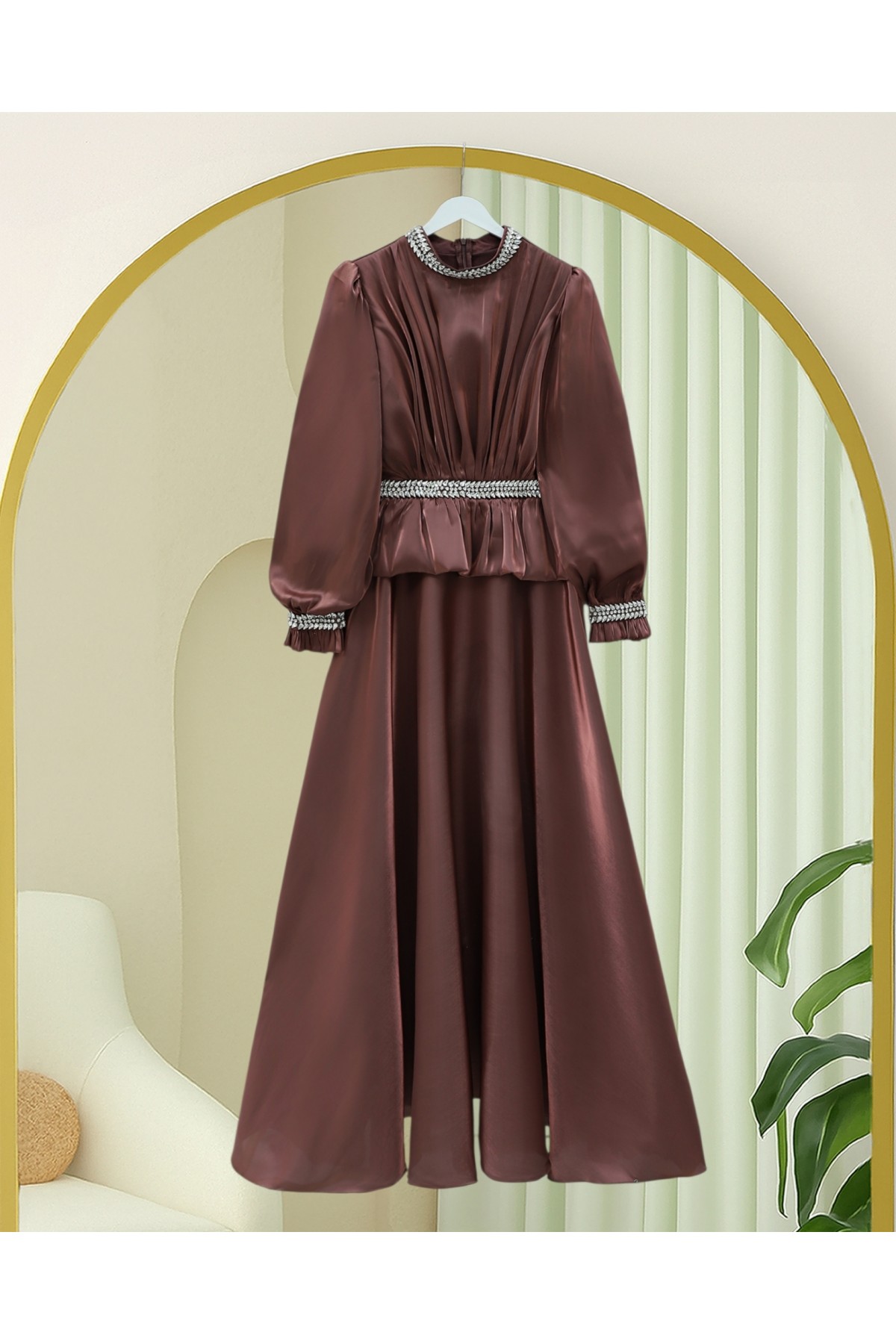 Beli Volan Detaylı Taşlı Janjan Saten Abiye -G.Kurusu