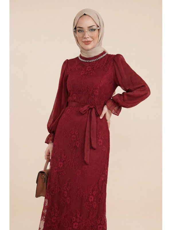Dik Yaka Kolları Janjan Şifon Kemerli Dantel Elbise -Bordo