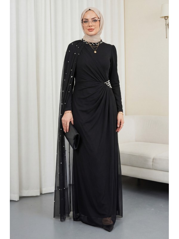 İnci Detaylı Tül Pelerinli Dik Yaka Abiye -Siyah