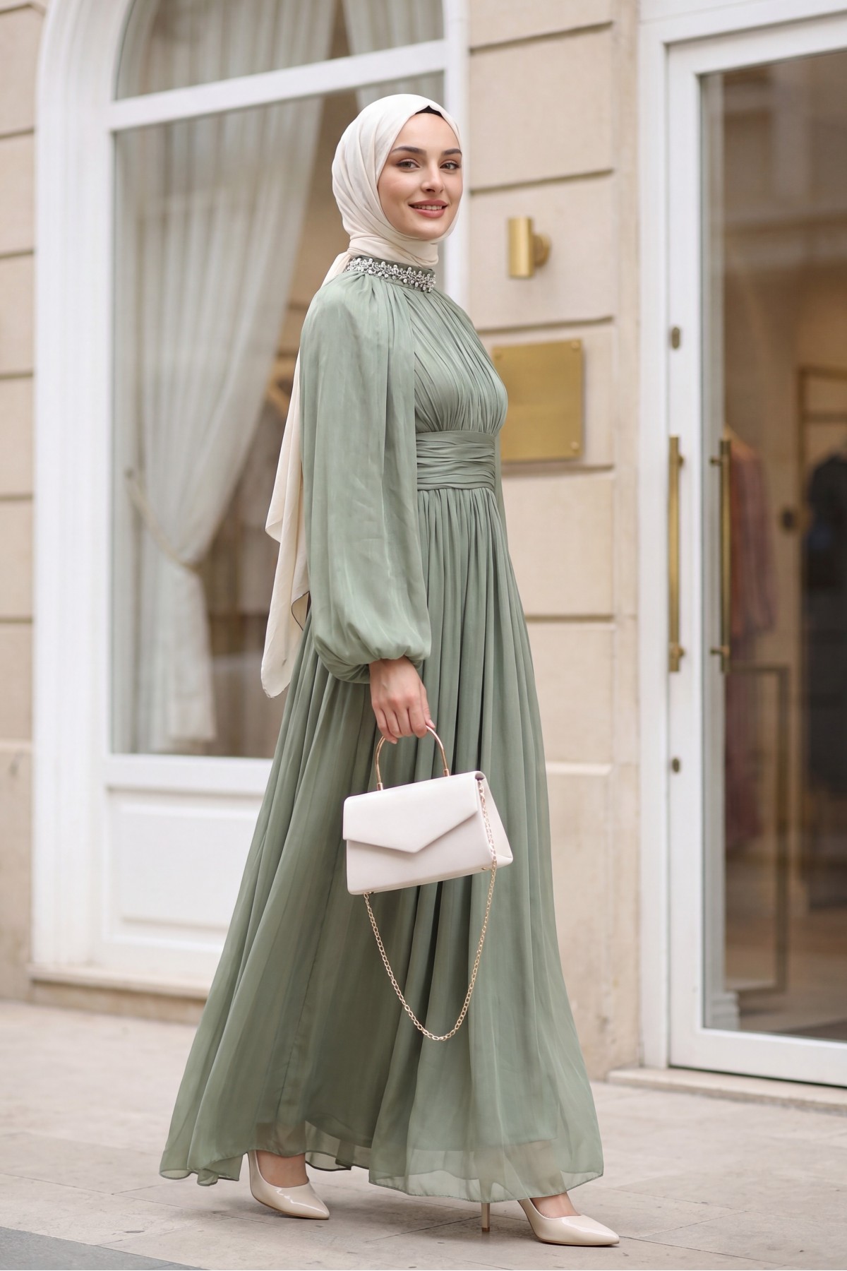 Draped Waist, Embellished Neckline, Cape Sleeves, Shimmering Chiffon Evening Dress -Sea green
