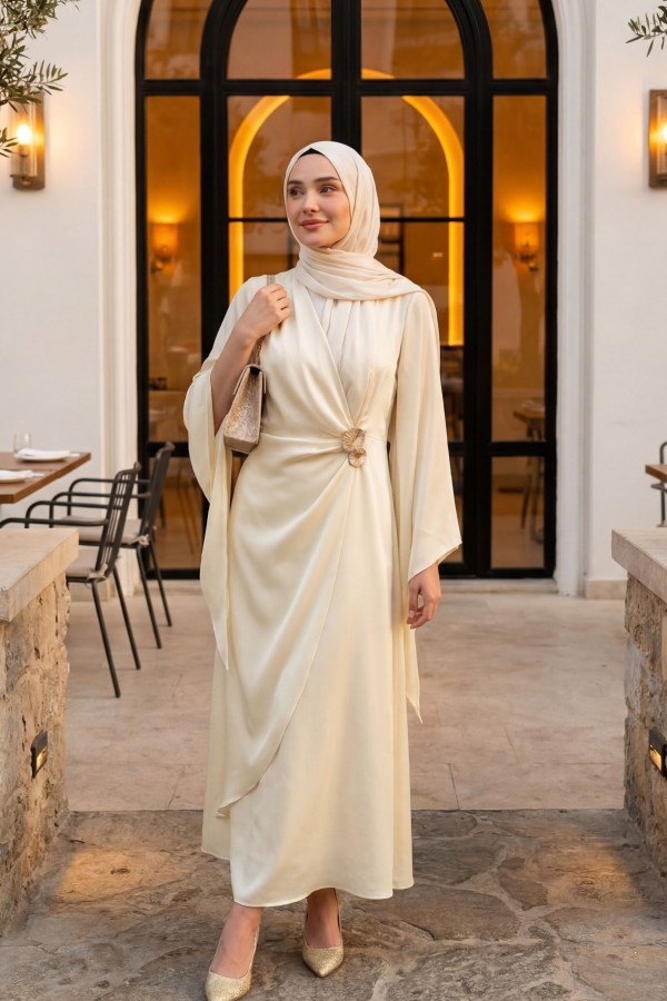 فستان سهرة من الساتان مزين بإبزيم أمامي مزدوج وأكمام غير متماثلة -أبيض سكري
