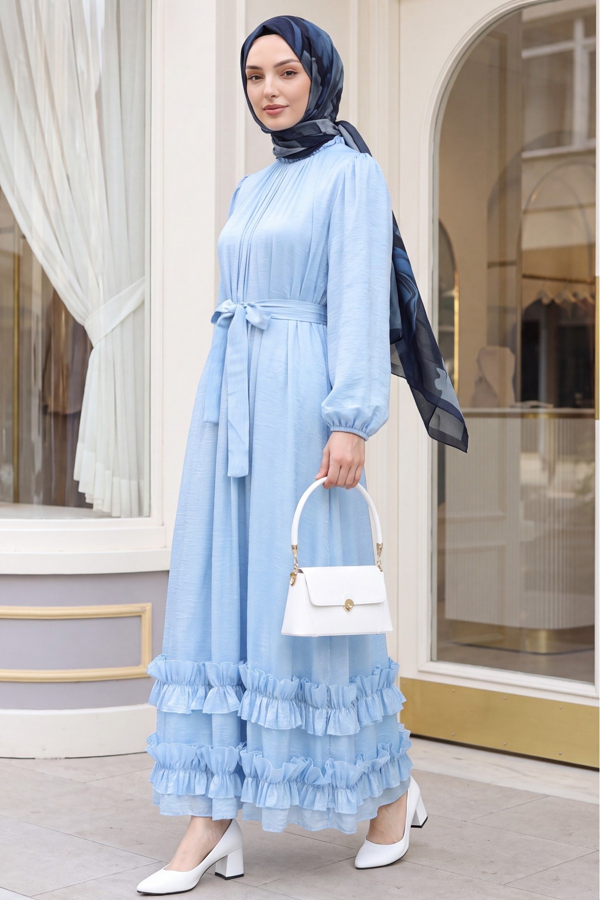 Long dress with ruffled neckline and hem, elasticated sleeves, crinkle crepe lining. -Baby Blue